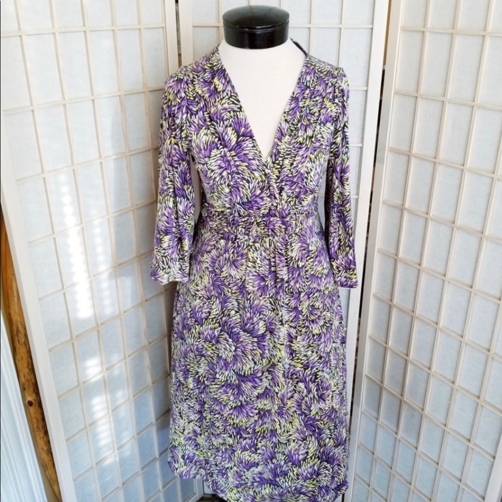 Boden V Neck Faux Wrap Dress Burst Print